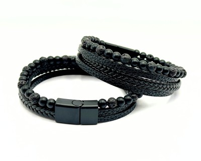 Obsidiaan ja laavakivi must nahast käepael